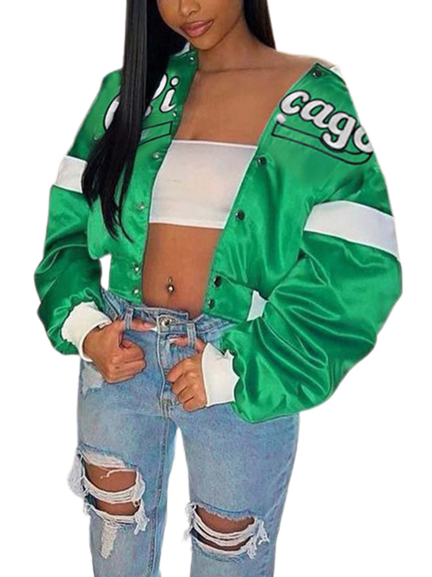 TheFound Womens Crop Baseball Bomber Jacket Long Sleeve Button Vintage Varsity Fall Jackets Coats Y2K Streetwear Green M - image 4 of 5