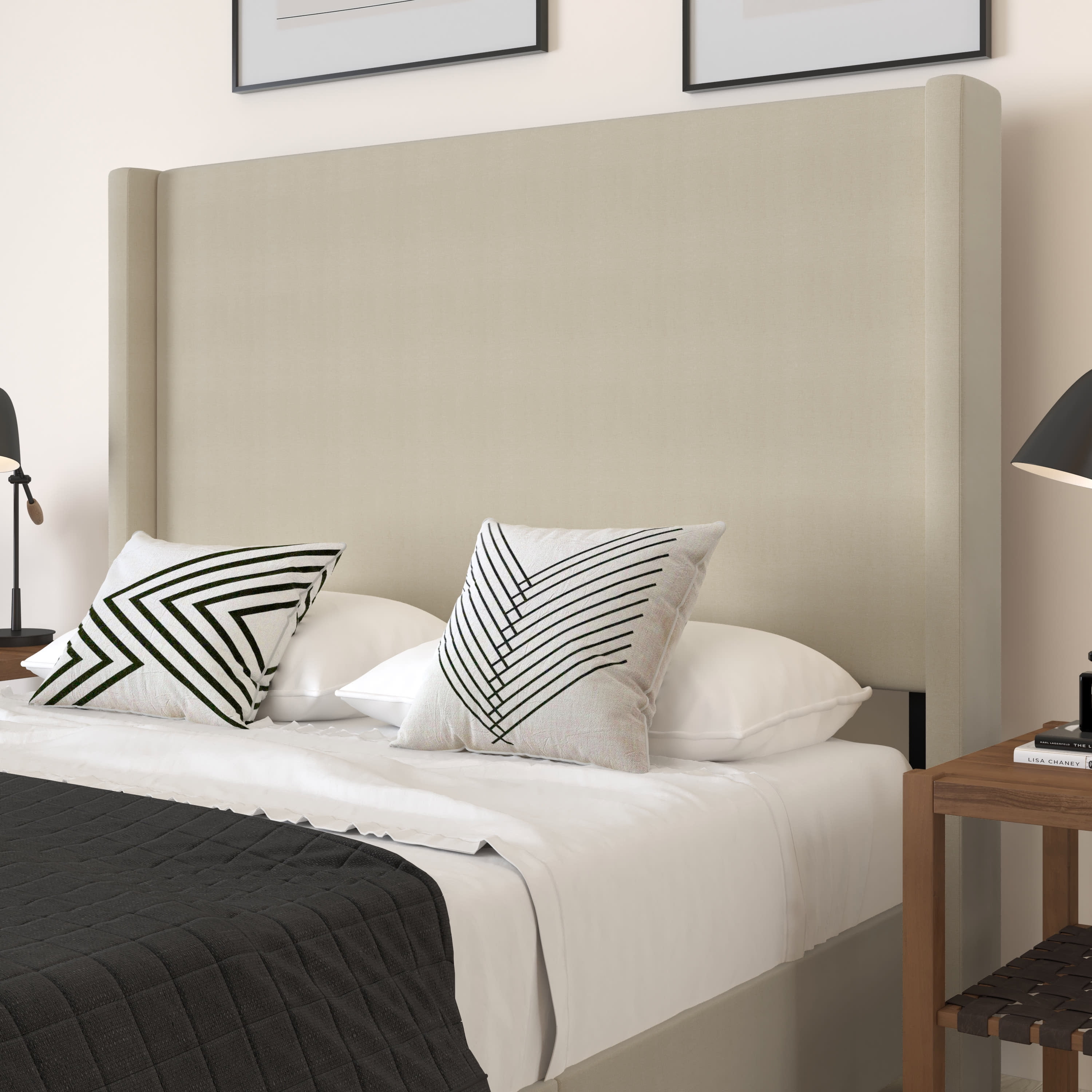 Merrick Lane Modern Platform Bed with Upholstered Wingback Headboard, Queen Size, Beige