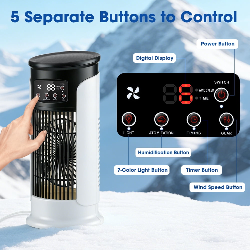 Portable Air Conditioner Fan, 6-Speed Cooling Fan with Humidifier, 6H Timer, 7-Color Ambient Light, 300ml Water Tank, USB Powered Desktop Air Cooler for Home Office Bedroom