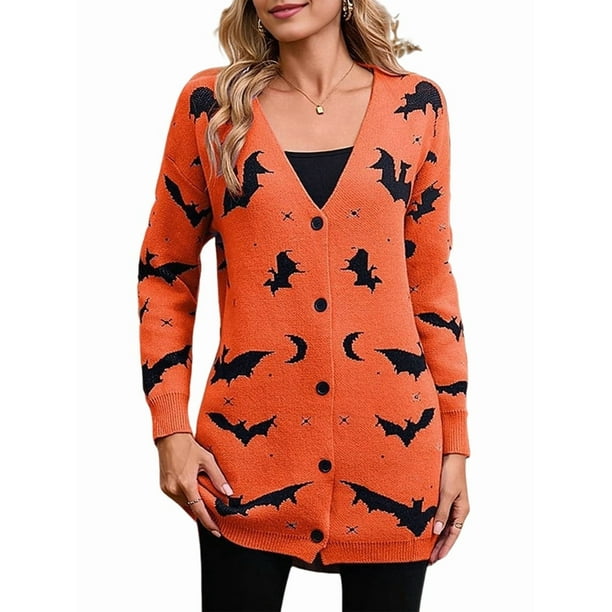 Cárdigan de Punto Holgado Informal de Larga con Botones para Mujer, con Diseño de Murciélago de Halloween. Color Naranja L