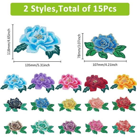 1 set 15Pcs 2 Styles 3D Rose Embroidered Patch Flower Iron on Patches 15 Colors Flower Applique Patches Sew on Patches Applique for Clothing Bags Jackets Jeans Hats DIY Craft
