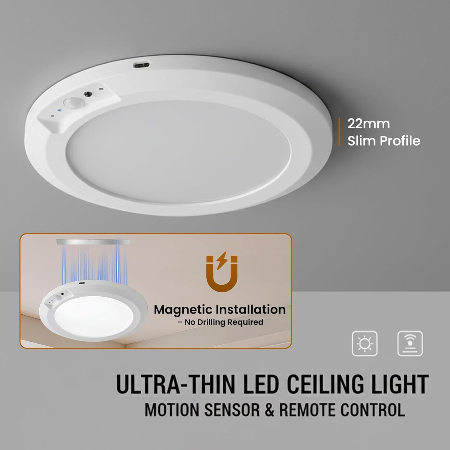 2026 New Rechargeable Motion Sensor Ceiling Light with Remote, Magnetic Ceiling Light, 3 CCT Dimmable & Magnetic Mount, for Shower Closet Hallway, Shed, Pantry (2PCS)