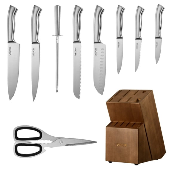 German High Carbon Stainless Steel Kitchen Knife Set 15 Piece with Block Sharpener for Home Cooks