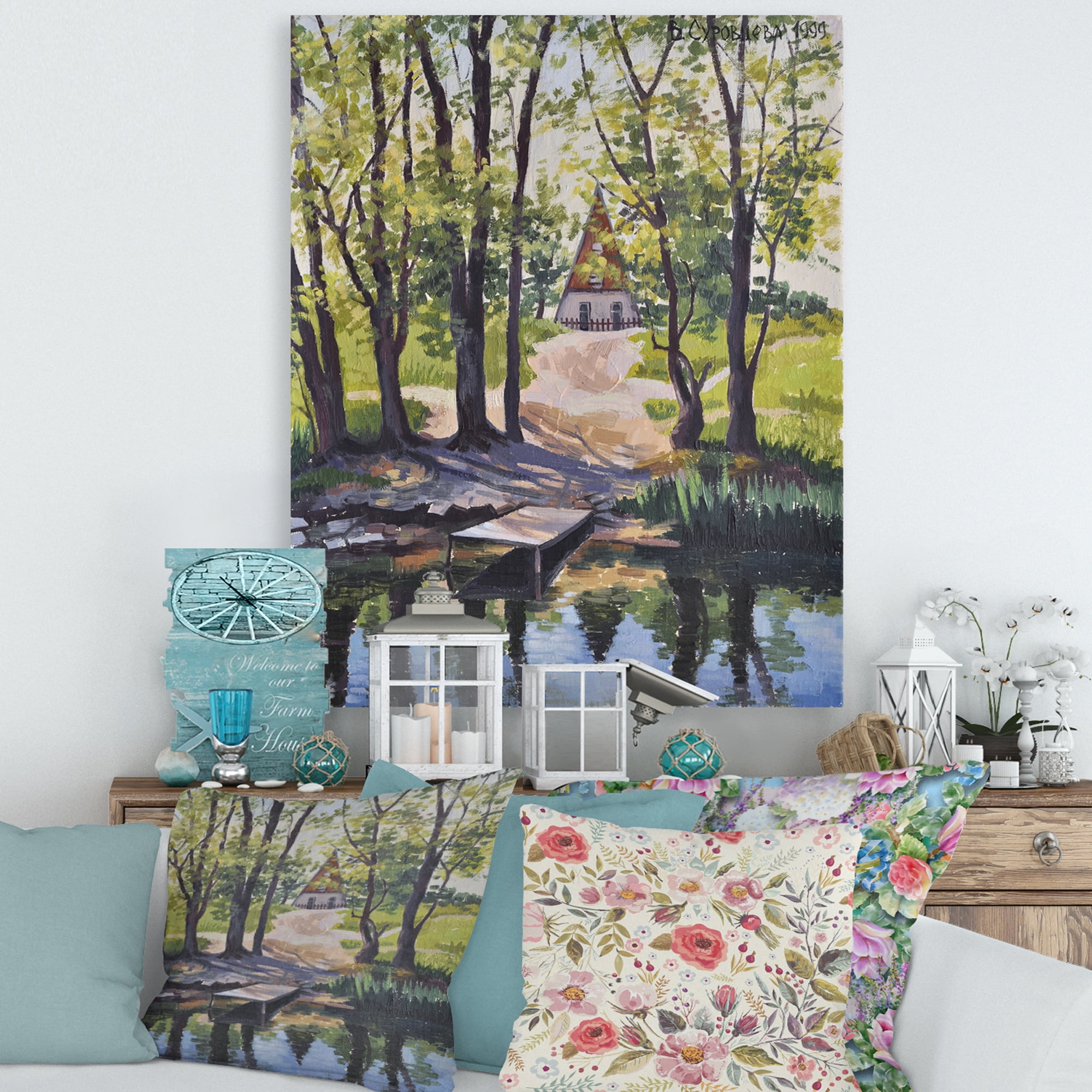 Designart ' Mysterious Countryside House By The River In The Woods ' Lake House Canvas Wall Art Print