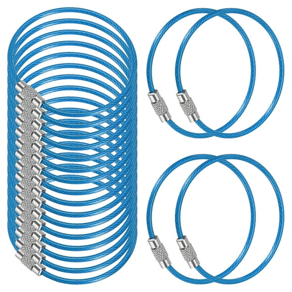 5.9 Inch Stainless Steel Wire Keychain Cable Key Ring Loop, Blue, 20 Pack