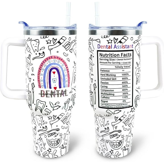 Dental Assistant Tumbler 40 oz Tumbler with Handle and Straw Lid Leak Proof - Birthday Gifts for Women Travel Coffee Mug Insulated for Hot Cold Ice - Dental Assistant Gifts for Women Mom Mothers Day