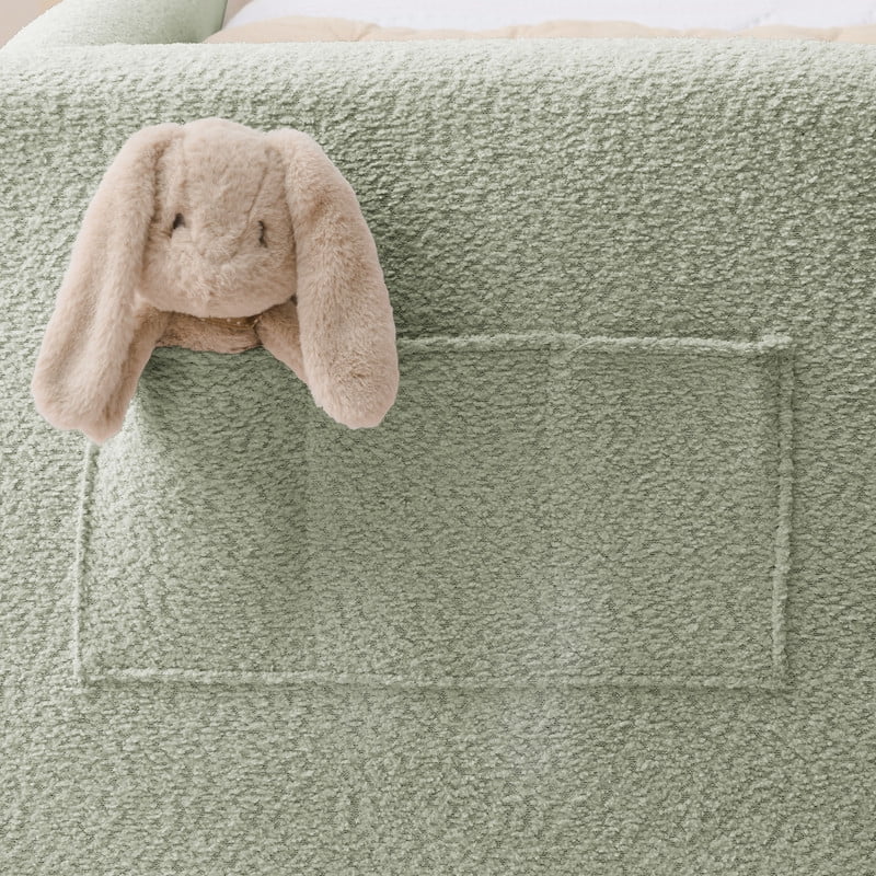 Twin Size Upholstered Platform Bed with Rabbit Ear Headboard, Kids Floor Bed with Storage Pocket & Safety Guardrail, No Box Spring Required