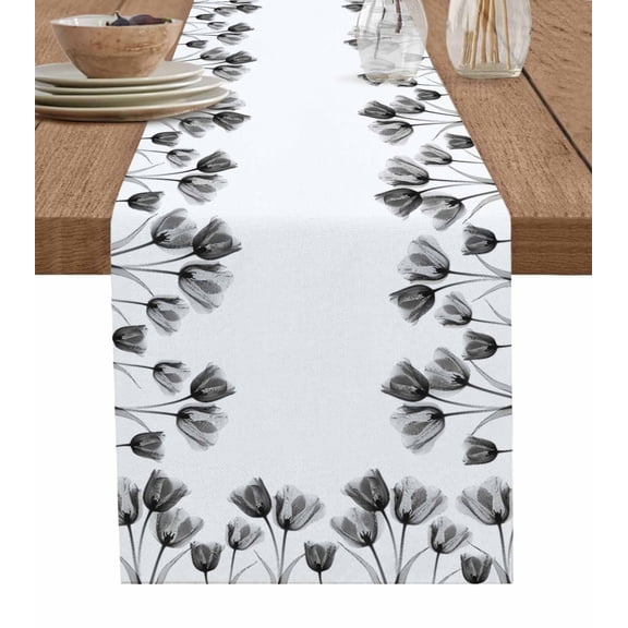 Ldtrchee Black Grey Tulip Table Runner 70 Inches, Flower Floral Modern Minimalist White Bed Runner Dresser Scarves Tabletop for Indoor Outdoor Parties/Ceremony/Banquet, 13" x 70"