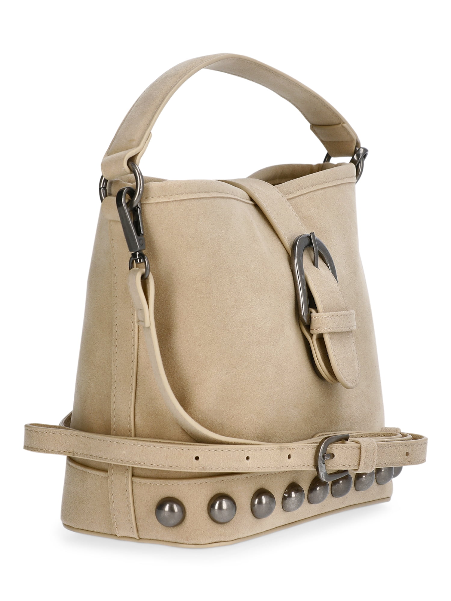 No Boundaries Women's Studded Faux Suede Moto Bucket Bag, Beige