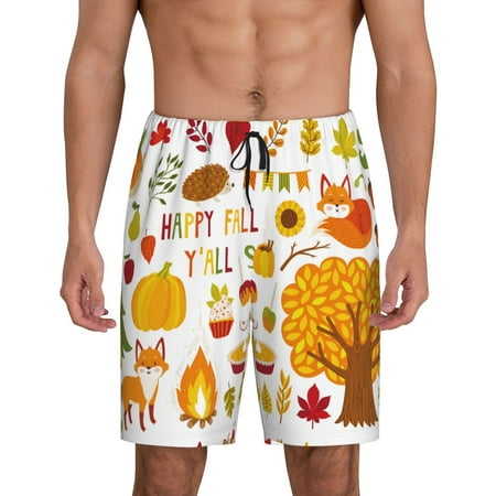 Kdxio HAPPY FALL Y ALL Print Mens Sleep Shorts Bottoms Soft Comfy Pajama Wear Pants with Drawstring Pockets