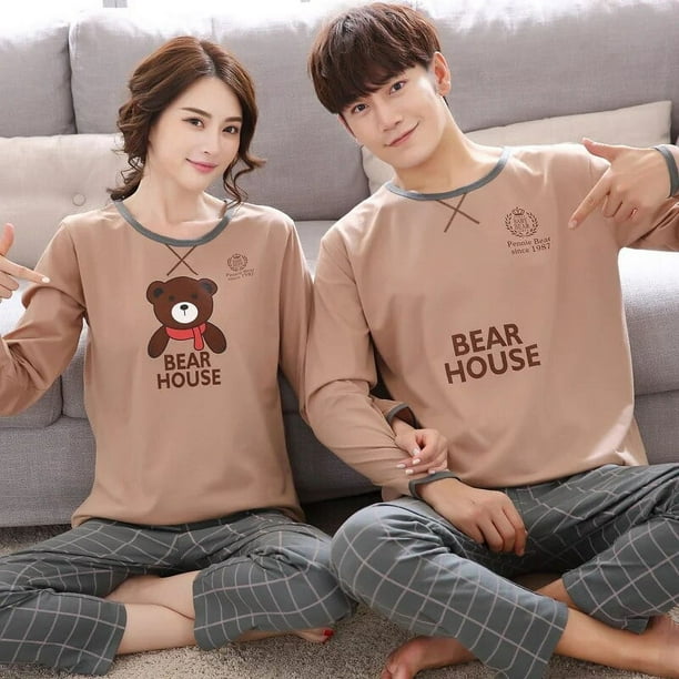 Conjunto de pijamas de dibujos animados para hombre y Mujer ropa de dormir de algodon para parejas Tops largos para dormir pantalones otono y primavera Bodega Aurrera en linea