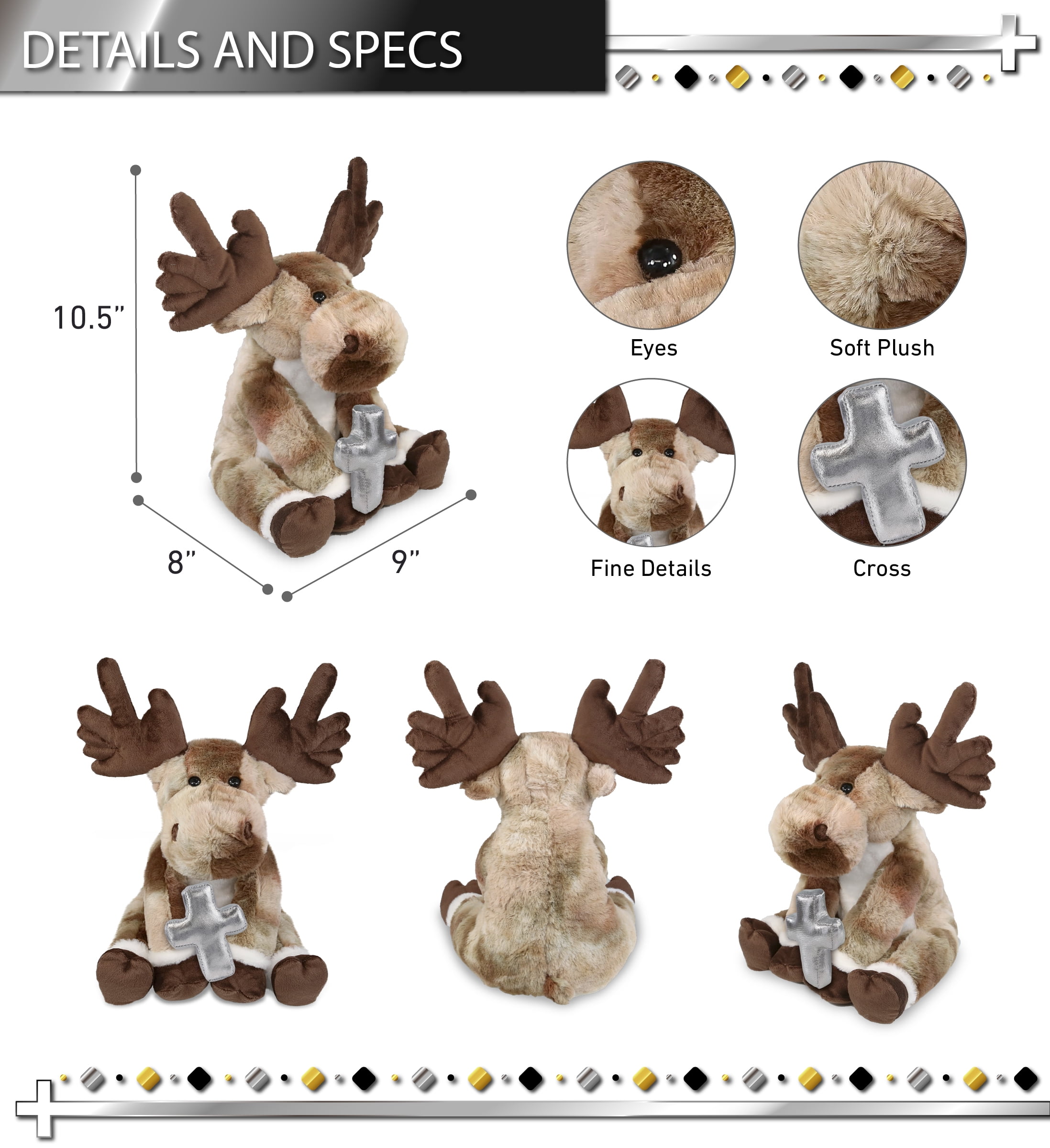 DolliBu Forest Floppy Moose Stuffed Animal with Silver Cross Plush - Religious Baptism Gifts for Boys and Girls, Dedication Christening Gifts Plush Prayer Toy Healing Stuffed Animal - 10.5 Inches