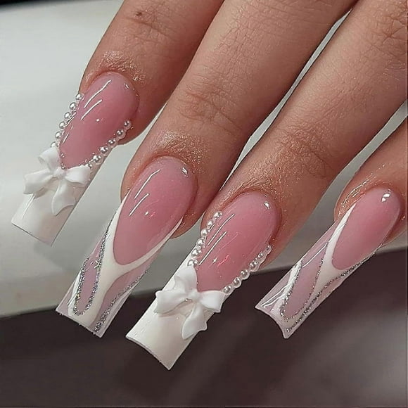 French Tip Press on Nails Long Square Fake Nails Glossy Coffin False Nails with Bow Rhinestone Glitter White French Tip with Pearl Designs Reusable Ac