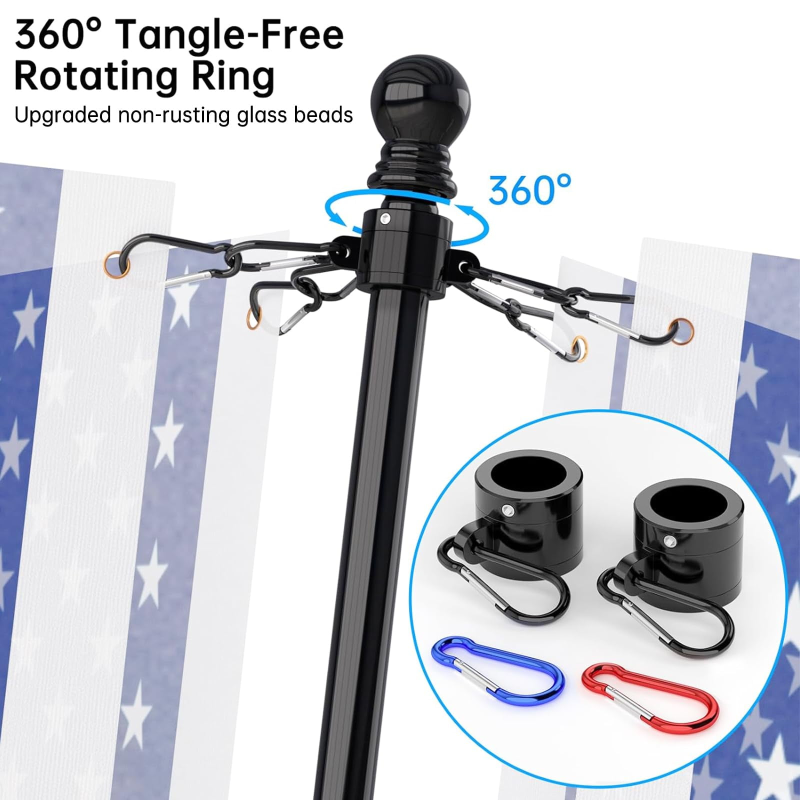 FIASON 2 Pack 6 FT Black Stainless Steel Tangle Free Wall-Mounted Flag Pole with Upgraded Bracket, Flag Pole Kit for Outside House, Residential or Commercial for American Flag (Without Flag)