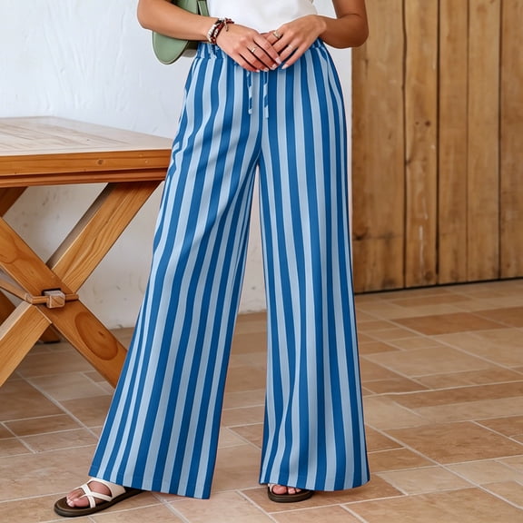 CQONEPT Oversize Wide Leg Pant for Womens Elastic Waist Drawstring Pants Casual Loose Fit Trousers with Pocket Blue XL