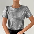 thumbnail image 5 of Womens Short Sleeve Dressy Tops Summer Trendy Casual Shiny Velvet T Shirt Crew Neck Casual Tunic Tees (S, Dark Gray), 5 of 8