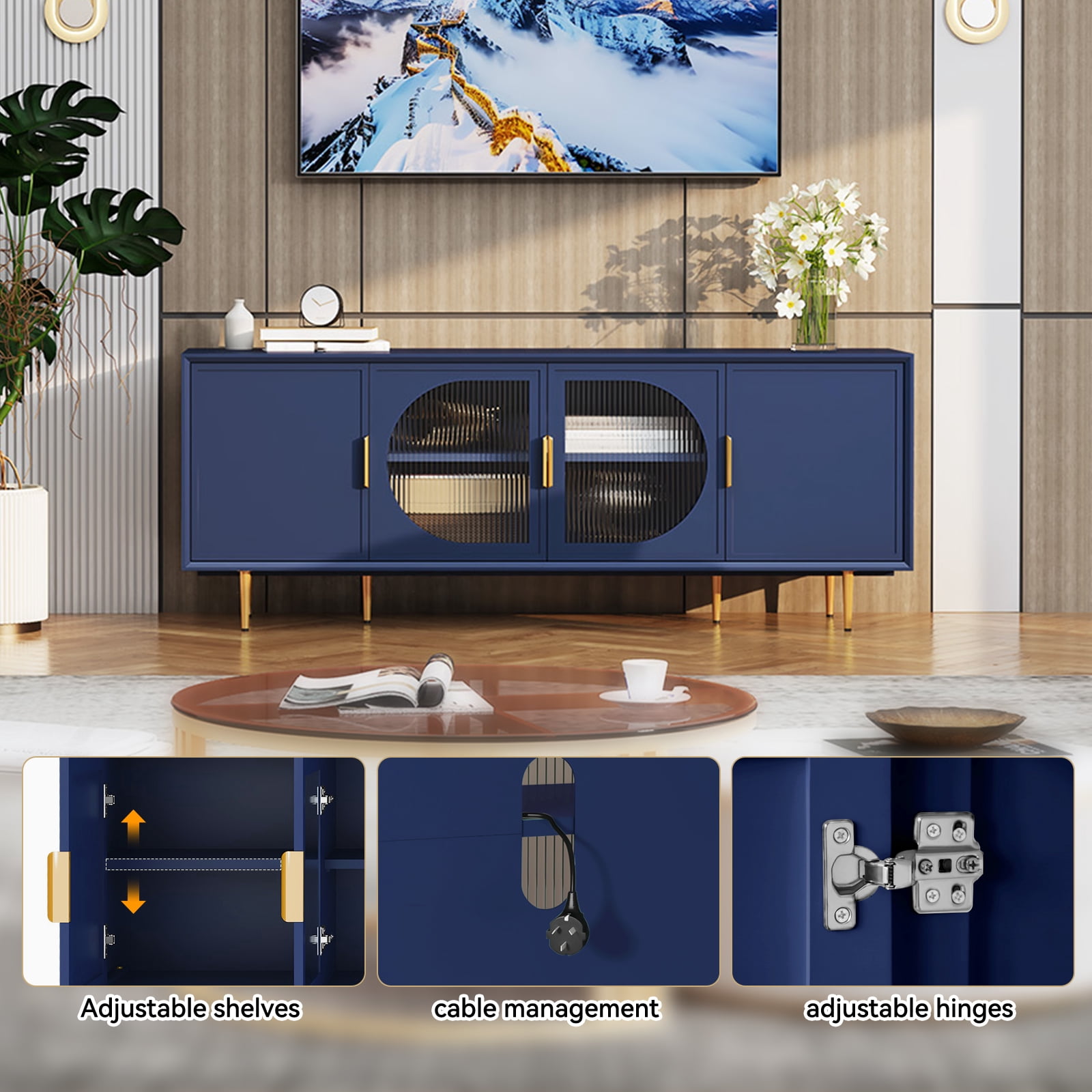 CBJCBJ 66" TV up to 75" Stand for Living Room, Entertainment Center with Glass Storage Cabinet