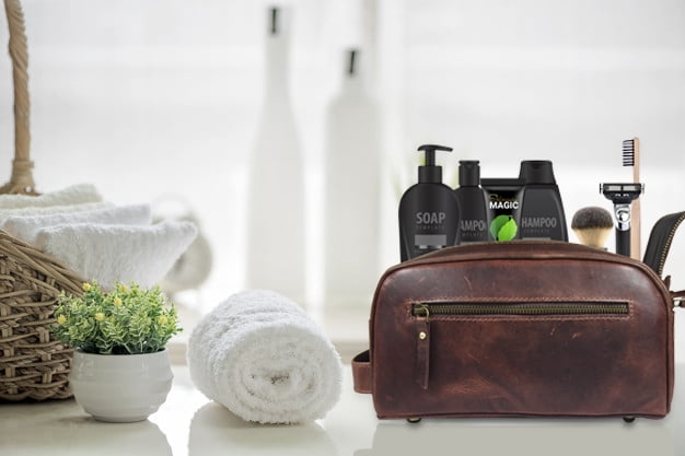 Genuine Leather 10" Toiletry Travel Pouch with water proof Lining | Handcrafted Dopp Kit By Aaron Leather Goods