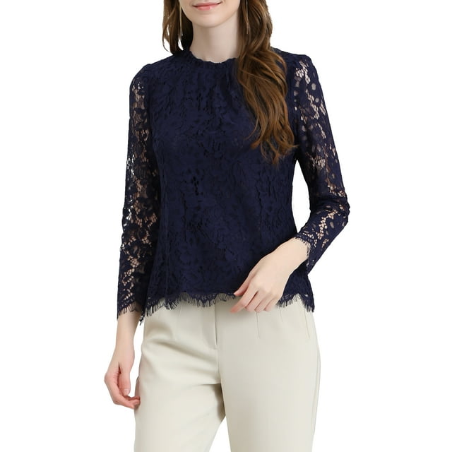 INSPIRE CHIC Chemisier en Dentelle à Manches Longues à Volants Col Rond Élégant Floral Bleu Foncé m