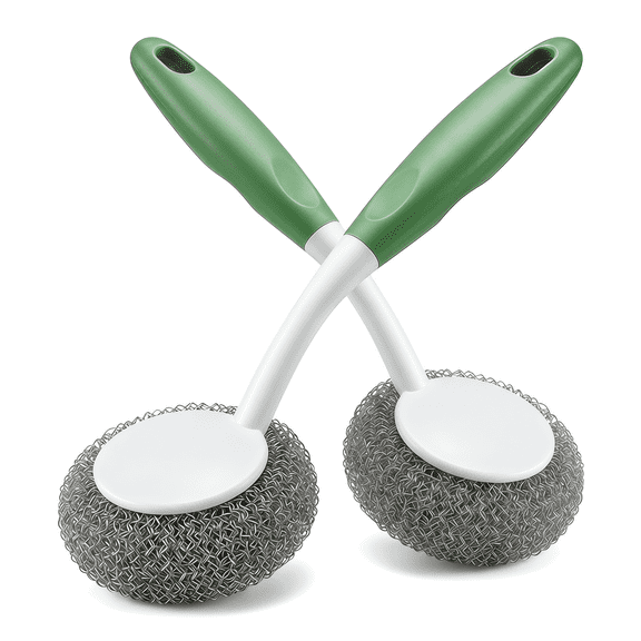 2 Pcs Stainless Steel Wool Scrubber with Handle, Heavy Duty Metal Sponge for Dishes, Pots, Pans, Sinks, Grills