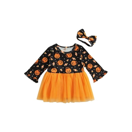 

EYIIYE Baby Girls Halloween Pumpkin Print Long Sleeve Tulle Patchwork Dress with Bowknot Headband 2PCS Set 6 Months-4 Years