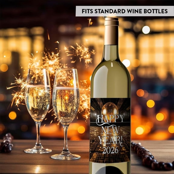 Koyal Wholesale 4x5 Wine Bottle Happy New Year Gold Disco Ball Labels, 8-Pack
