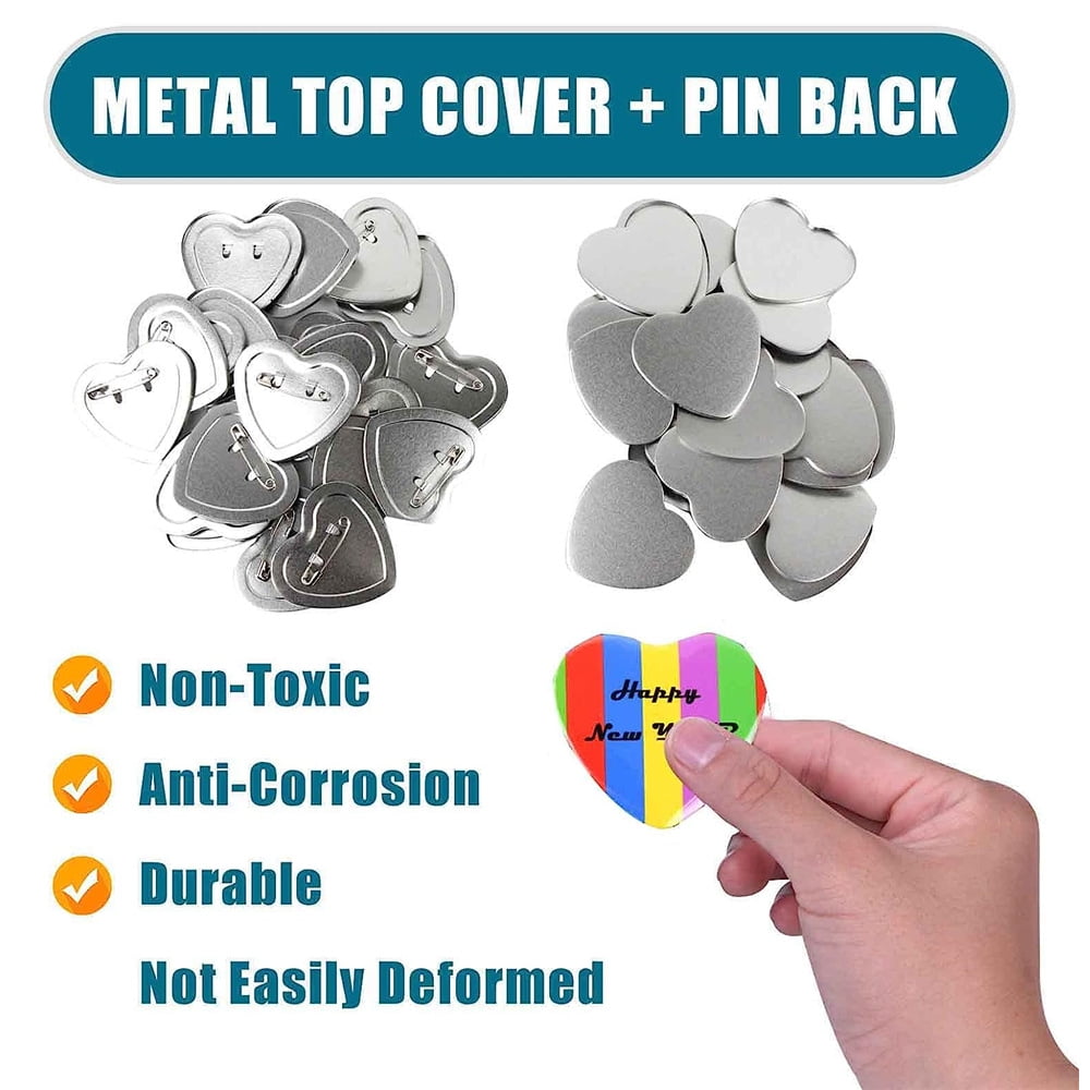 53X57.5MM Heart-Shaped Blank Badge Button Parts 100PCS, DIY Badges Set Metal Button Maker Parts ,Beginner-Friendly