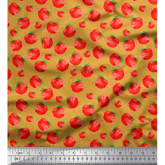 Soimoi Yellow Heavy Satin Fabric Tomato Vegetable Print Sewing Fabric Yard 56 Inch Wide