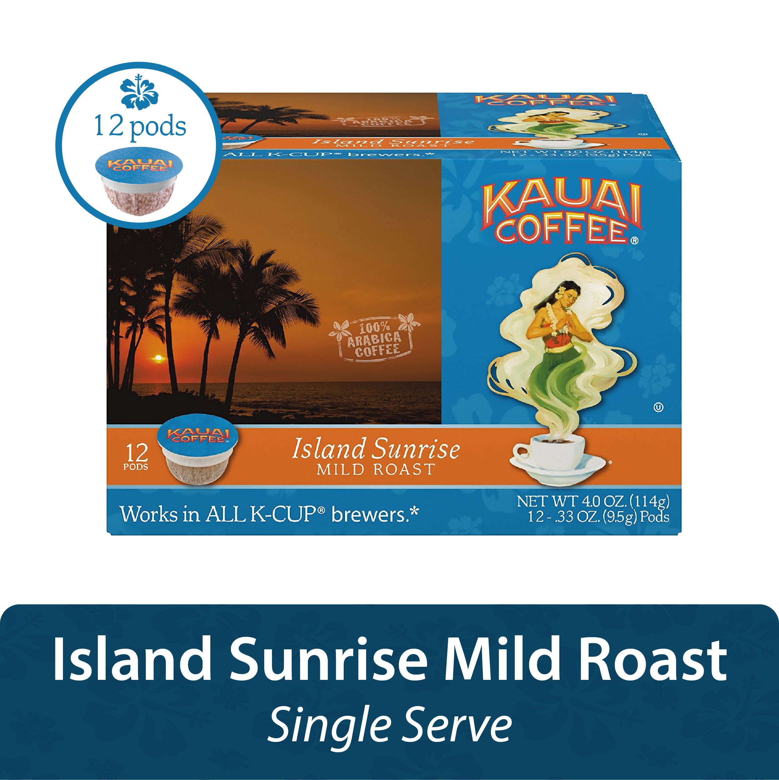 Kauai Coffee Island Sunrise Mild Roast, 12 Count KCup Compatible Pods