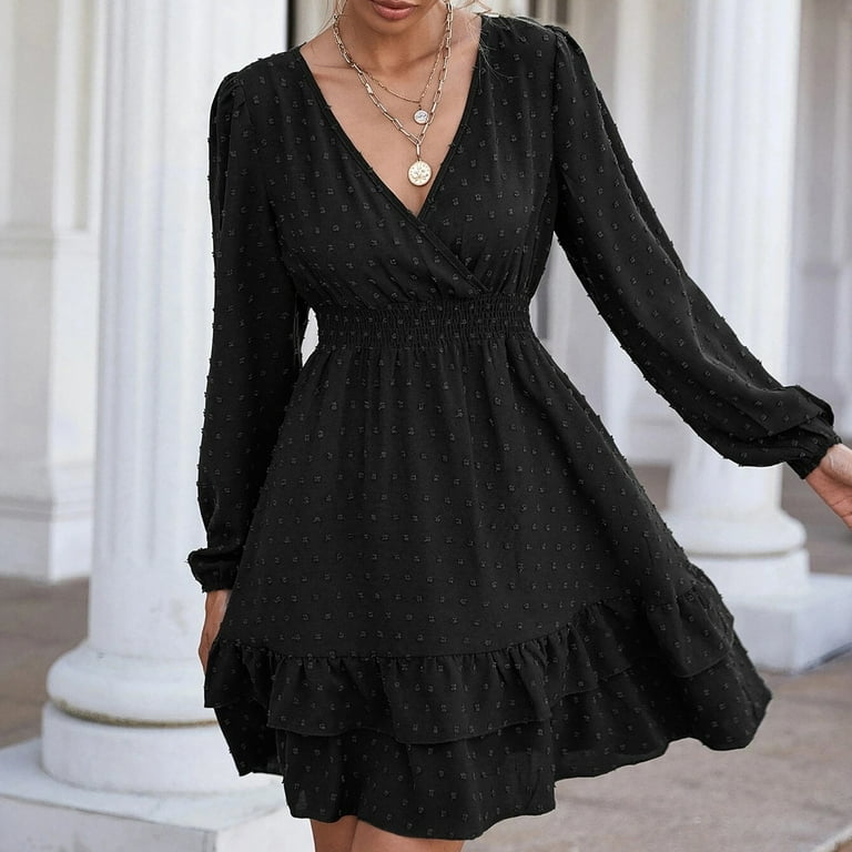 VSSSJ Womens V Neck Long Sleeve Swiss Dot Ruffle Elegant A-Line Dresses  High Waist Solid Color Casual Swing Layered Mini Dress Black XL -  Walmart.com
