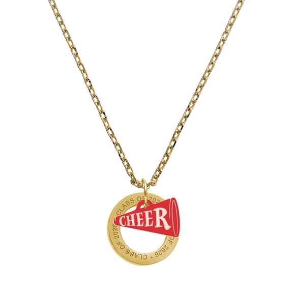 Delight Jewelry Acrylic Red Cheer Megaphone - Goldtone Class of 2026 Affirmation Ring Necklace, 23"