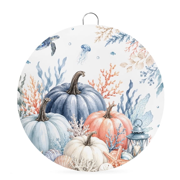 Welcome Sign for Front Door, Coastal Fall Round Metal Wall Art Wreaths, Thanksgiving Pumpkins Coral Sea Turtle Shell Outdoor Indoor Wall Hanging Sign for Porch Decor Housewarming Gifts 7.9 Inch