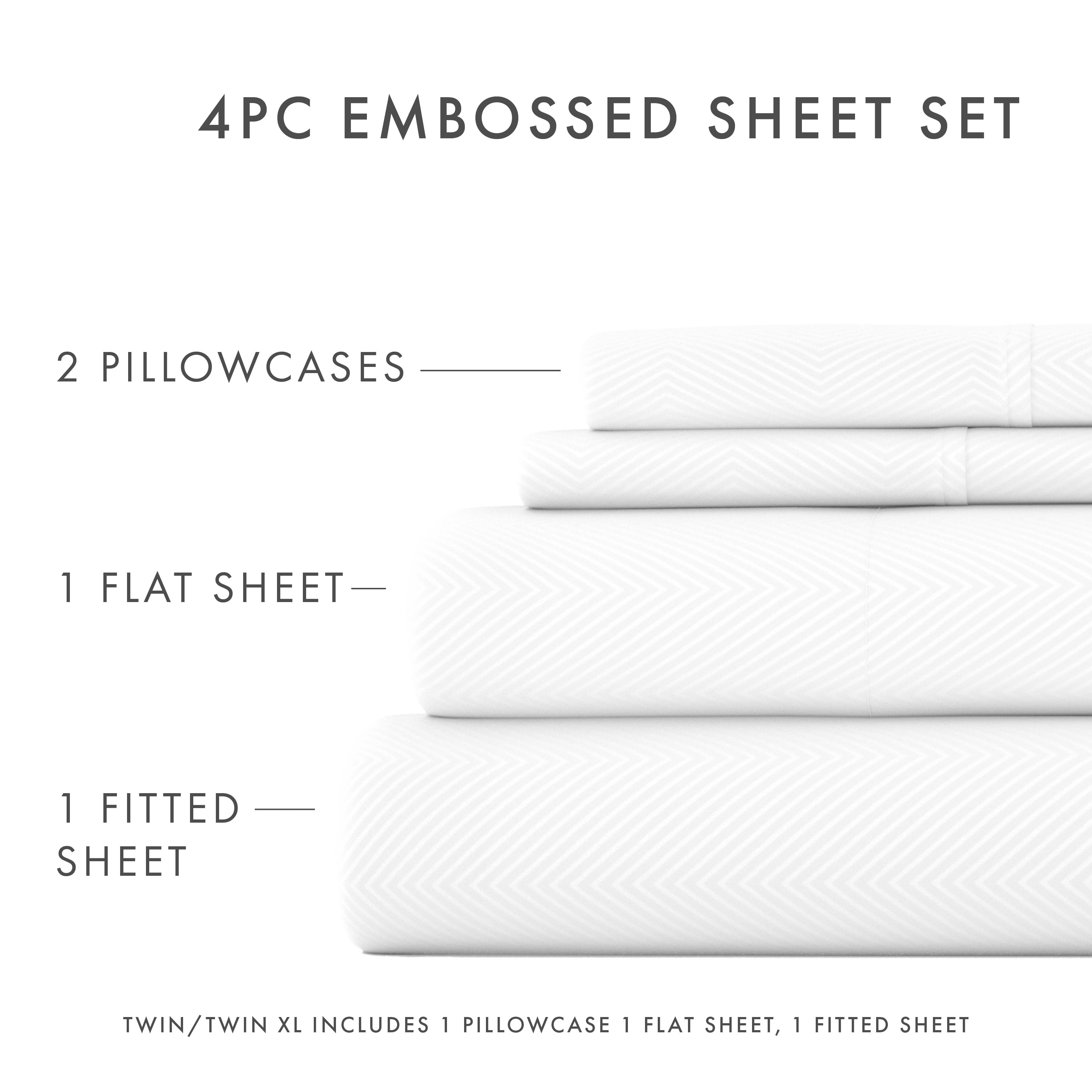 Noble Linens 4 Piece White Chevron Embossed Bed Sheet Set, Queen