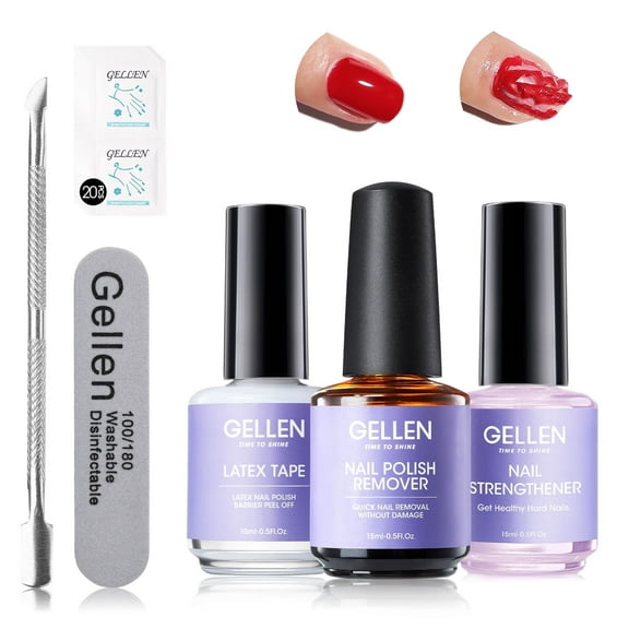 Gellen Gel Polish Remover Kit, 3-5 minutes Quick Removal, with Liquid Latex Tape Easy Peel Off & Nail Strengthener & Manicure Tools, No Need Wrapping or Soaking