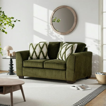 Roundhill Furniture Marvella Living Room Loveseat with Mosswood Chenille Upholstery and Textured Accent Pillows