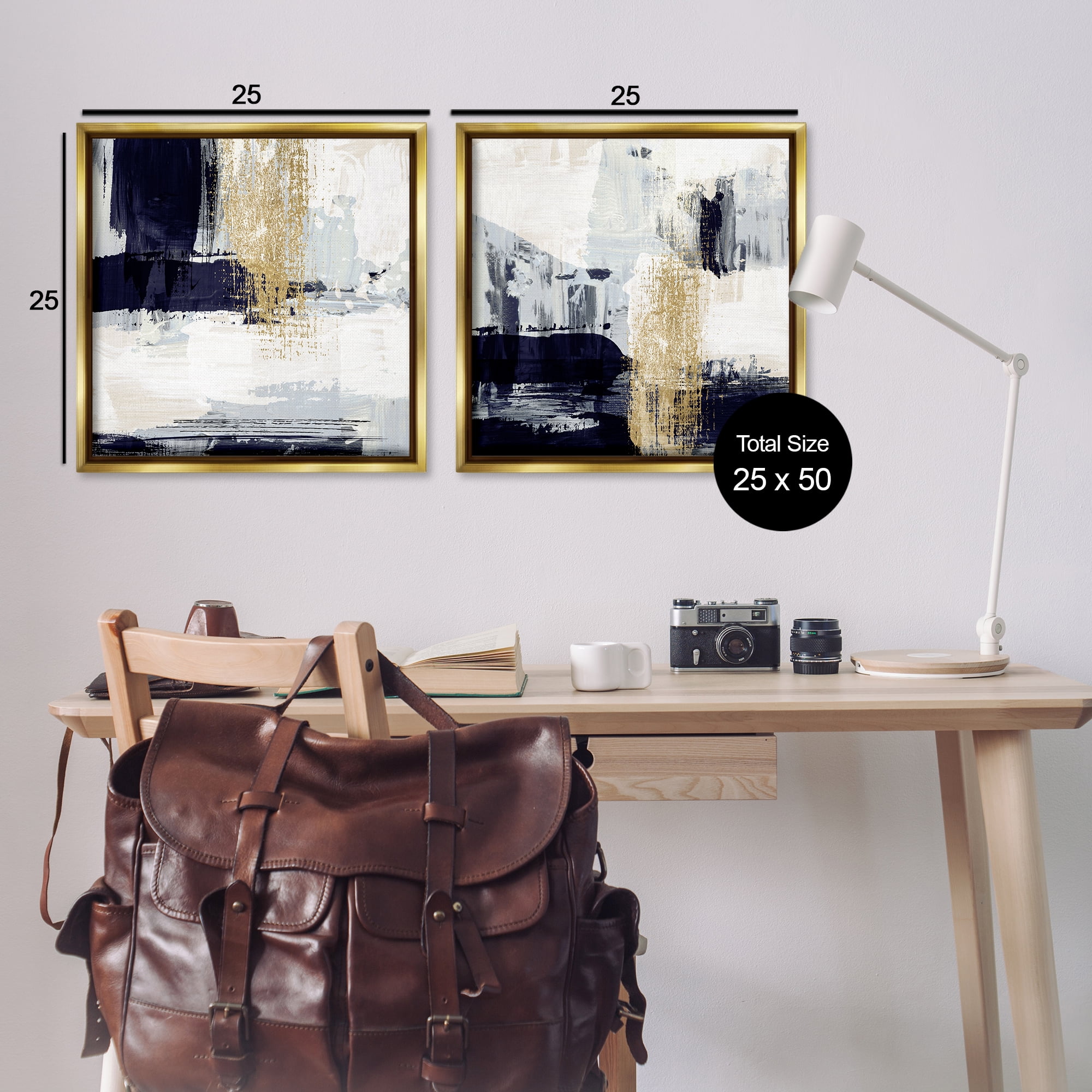 Stupell Industries Patchy Navy Gold Abstract Abstract Painting Gold Floater Framed Canvas Art Print Wall Art, 25 x 25, Set of 2
