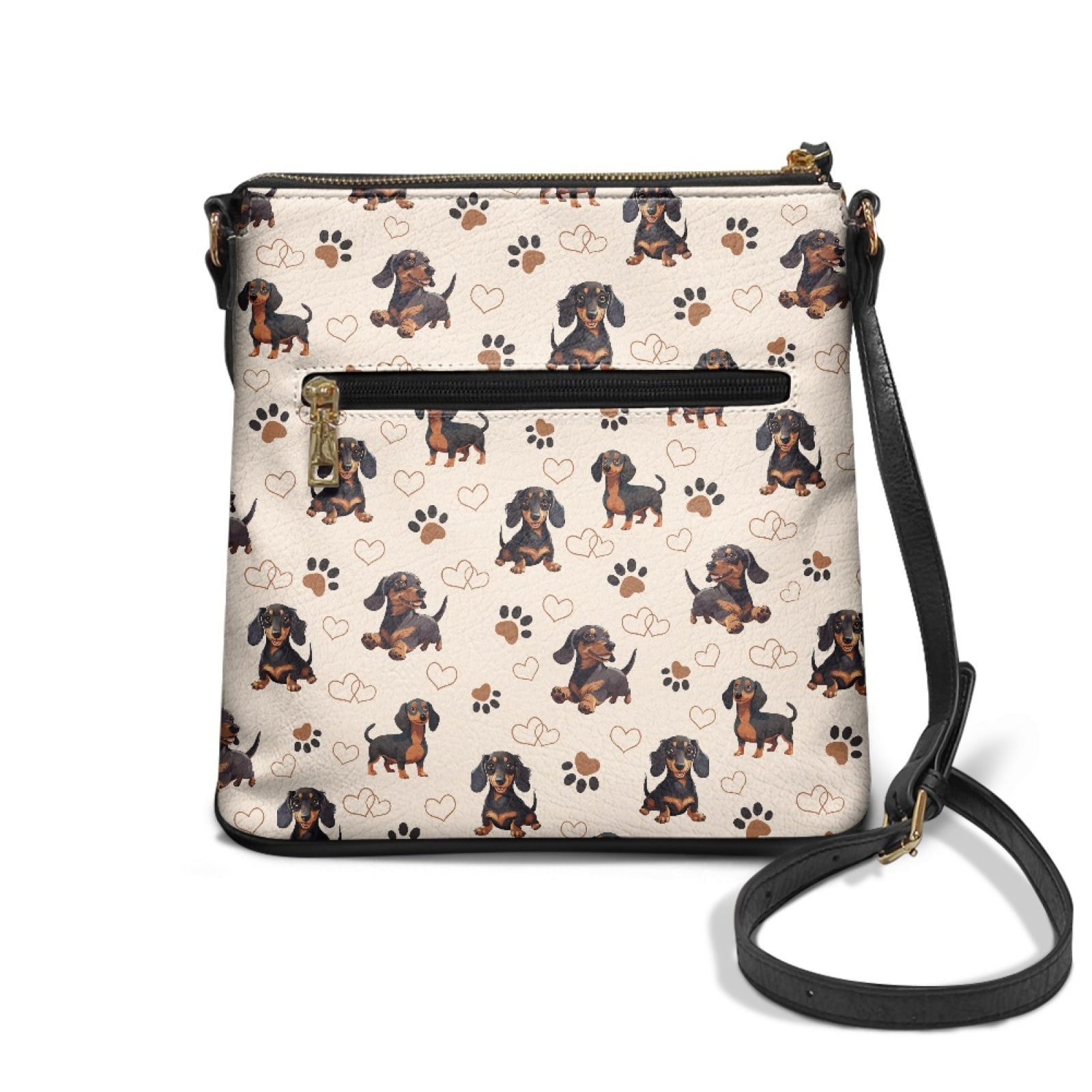 LedBack Dachshund Print Crossbody Satchel Bag for Women Lady, Heart Print Leather Hobo Bag with Adjustable Strap Sling Shoulder Handbag Soft Messenger Bag for Travel Shopping, Beige
