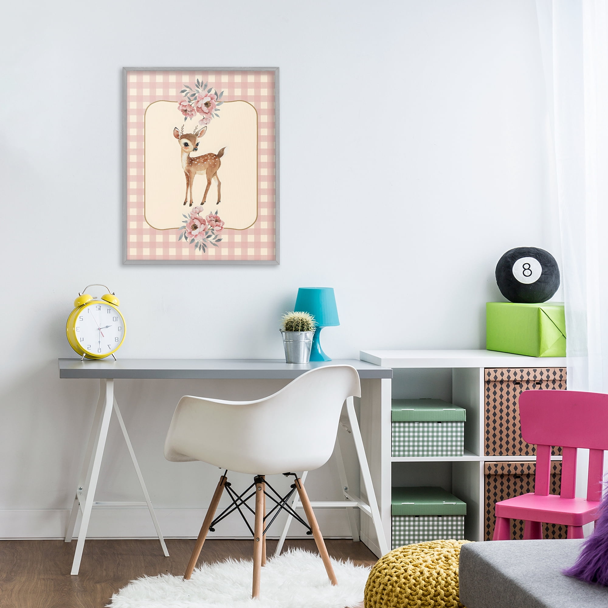 Stupell Industries Baby Deer Pink Gingham Gray Framed Giclee Art, design by LSR Design Studio
