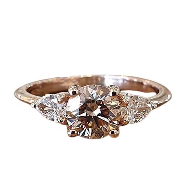 HeartsAndYou 1.6ct Round Cut Champagne Moissanite Pear Accent Trilogy Ring 18k Rose Gold Over Silver