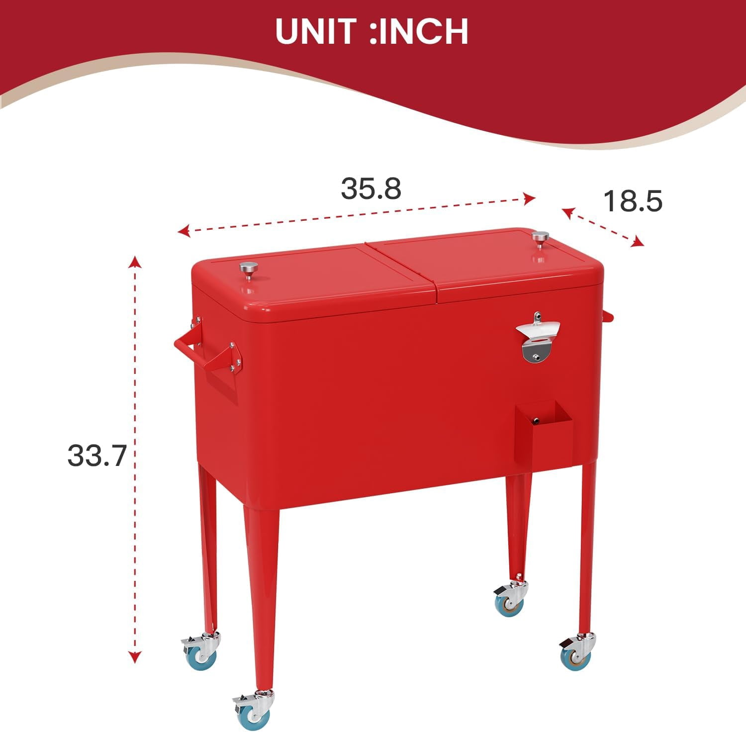 XF XINFENG 80 Quart Rolling Ice Chest on Wheels Outdoor Indoor Bottle Opener&Cap Catcher, Portable Patio Party Bar Drink Cooler Cart with Shelf, Red
