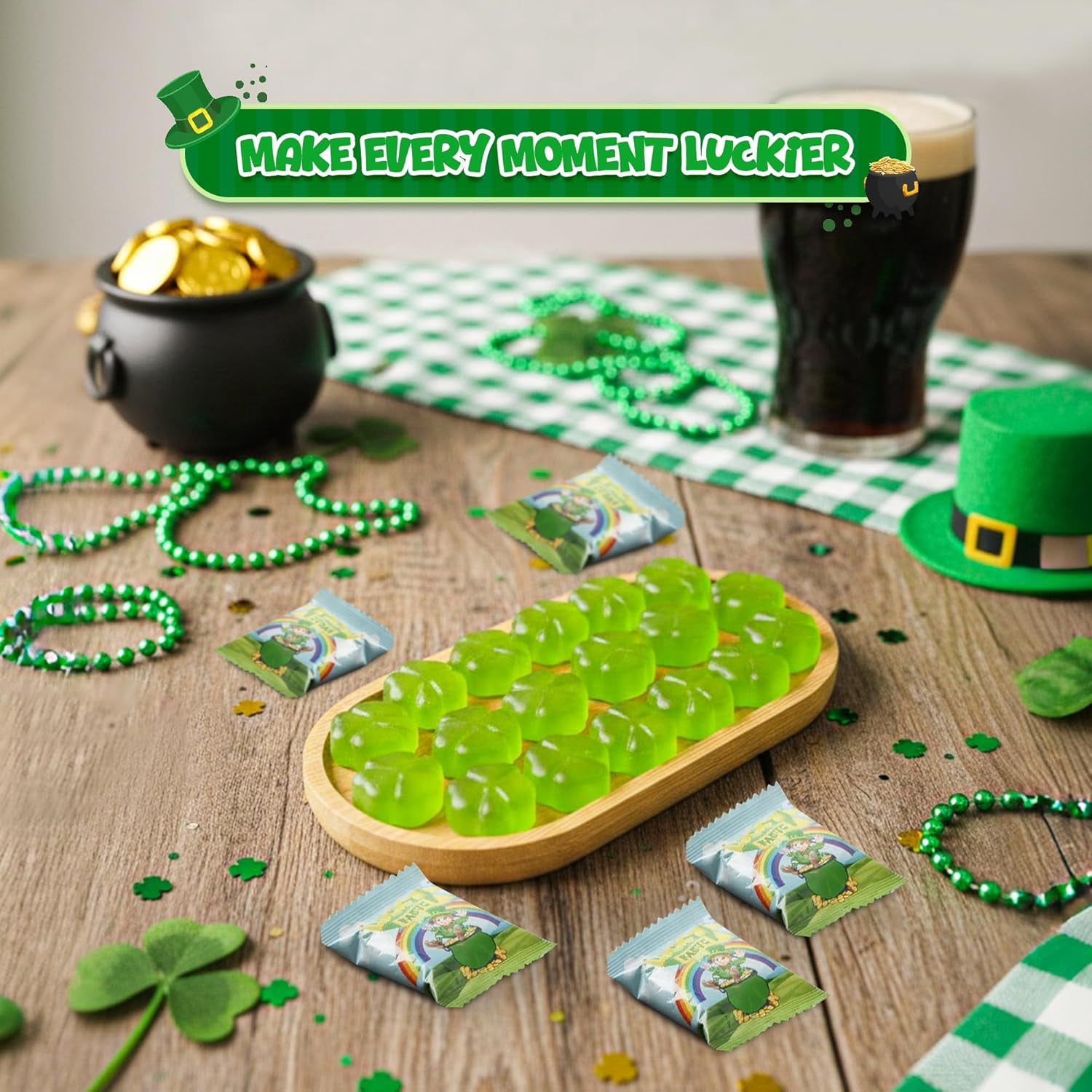 4E's Novelty St. Patrick's Day Lucky Farts Shamrock Gummies - 30 Individually Wrapped Bags (5 Pieces Each) Hilarious Green Gummy Candy