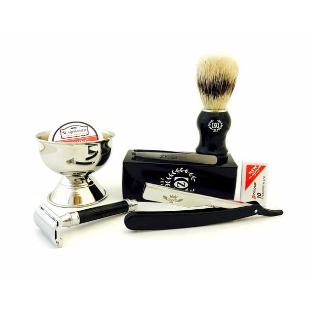 MEN'S LUXURY GROOMING KIT DE Safety Razor, Straight Razor, Brush, Cup