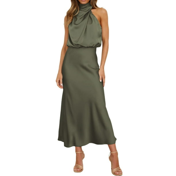 Vestido largo de satén para mujer con cuello alto, sin mangas y abertura lateral - Vestido formal/informal de noche para bodas/cócteles