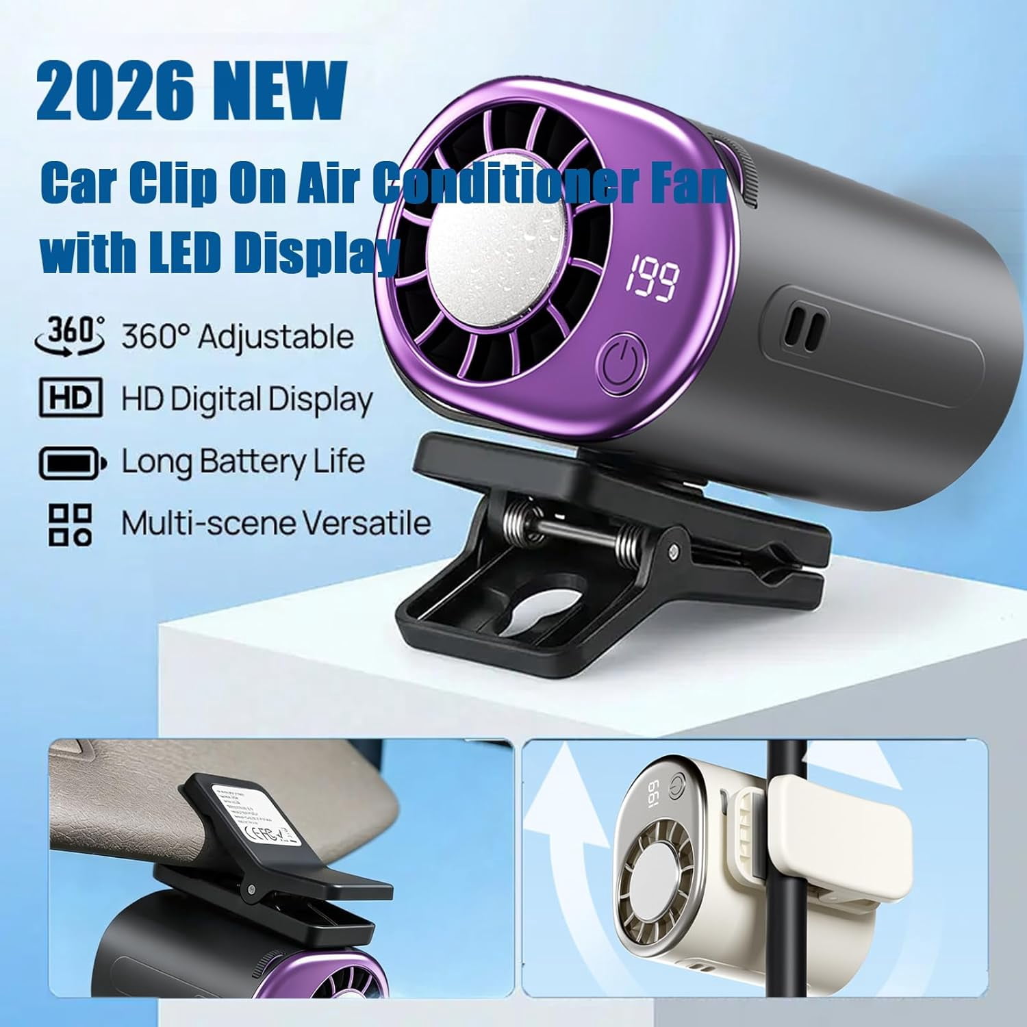 2026 Car Clip On Air Conditioner Fan with LED Display - 360° Rotation, 199 Speeds Adjustable, USB Rechargeable Personal Cooling Fan, 16℃ Semi-Cooling Wide Clamp 2000mAh Battery (White)