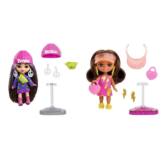 Bundle of 2 | Barbie Extra Mini Minis Doll - Brunette Doll w/ Alien Sweater Dress & Brunette Doll with Visor and Lightning Bolt Dress + Accessories