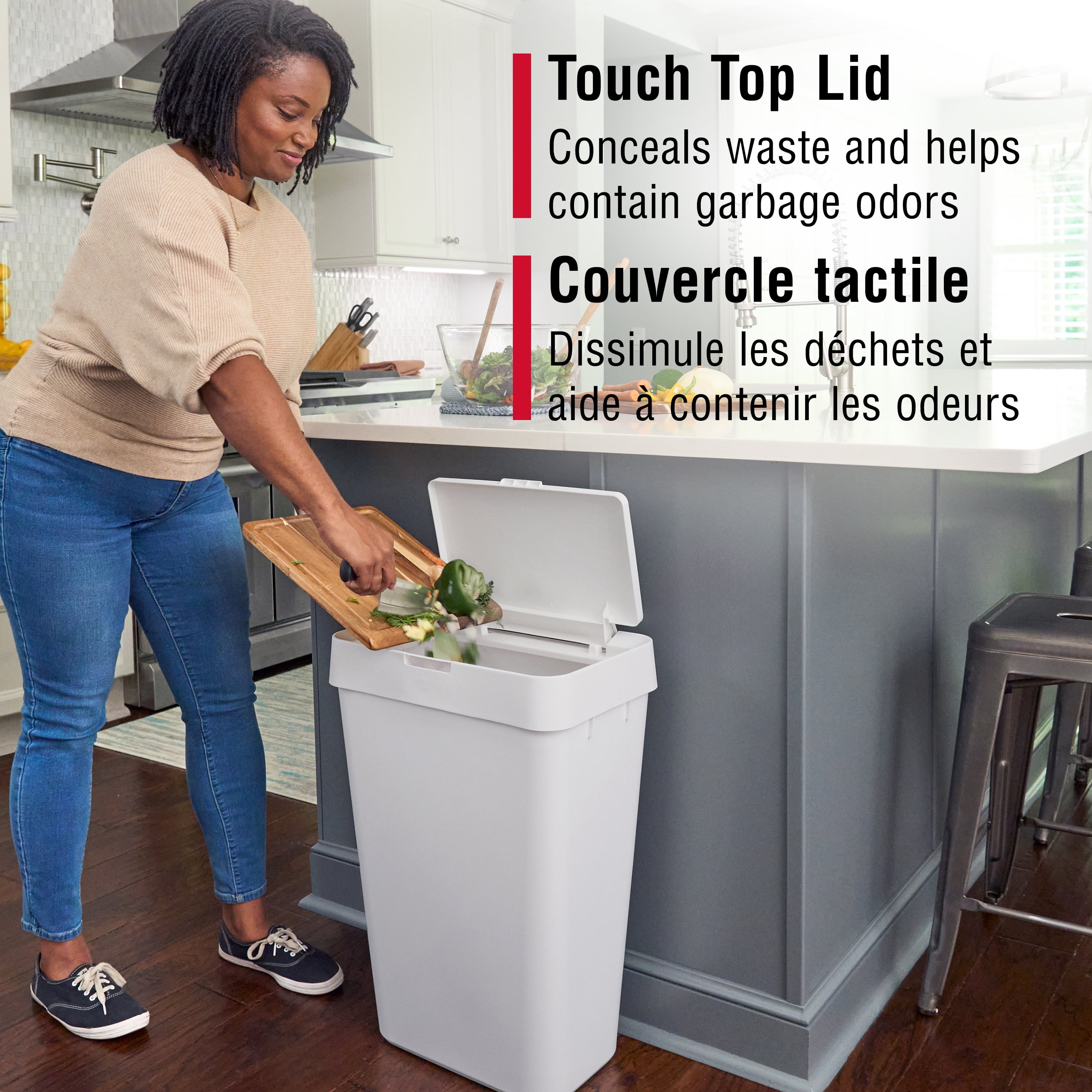 Rubbermaid 12.2 Gallon Touch-Top Kitchen Trash Can with Lid, White Trash Container, 46.2 l