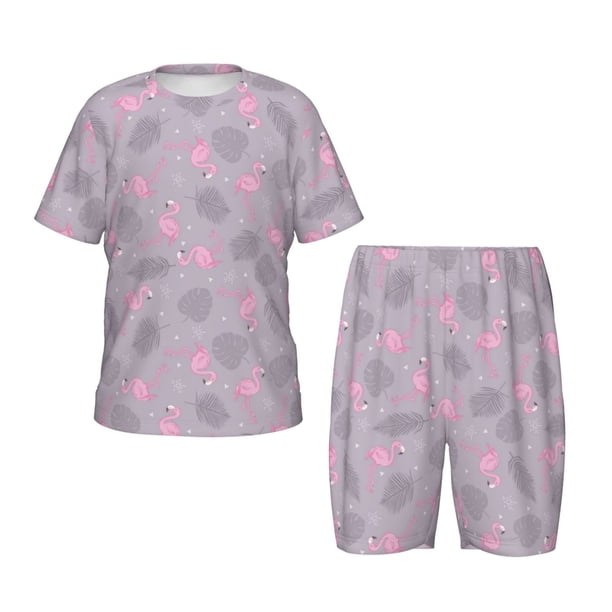 Fotbe Flamingo Pijama Estampada de 2 Piezas para Niños – Ropa de Dormir de Manga Corta Cómoda para Niños y Niñas, Camiseta y Shorts de Algodón-Medium