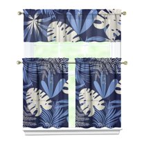 Palm Leaf and Hibiscus Kitchen Curtains Set 27.5x36in Polyester Valance and Tiers, Hawaiian Flower Window Curtains for Cottage Kitchen and Island-Style Home Decor