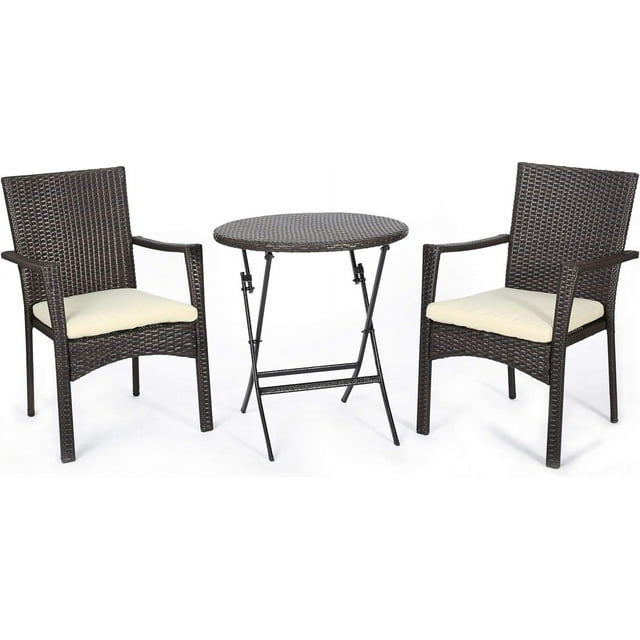 Millies utdoor 3-Piece Wicker Patio Bistro Set with Cushions, Foldable Table and Chairs, Weather-Resistant Rattan Furniture for Garden, Backyard, Balcony, and Poolside