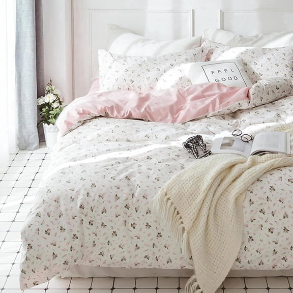 Floral Print Duvet Cover Set, Soft Tiny Flower Pattern Bedding Set with Pink Interior, Hidden Zipper Corner Ties Bed Covers for Bedroom Queen Size(Insert Not Included)